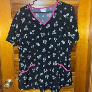Scrubstar Black Floral Scrub Top with Pink Accents